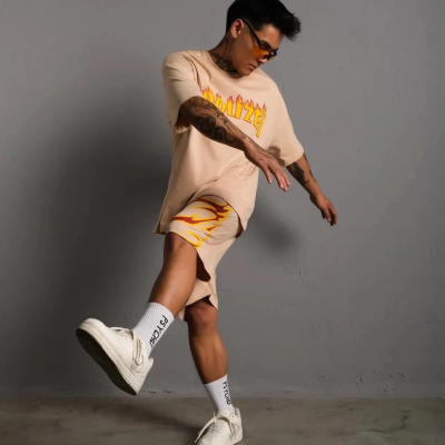  Alev Baskılı İkili Şortlu Takım - Bej -